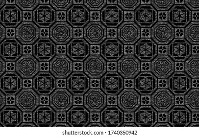 Japanese pattern with a white wilt pattern on a black background: arabesque pattern and polygonal shape