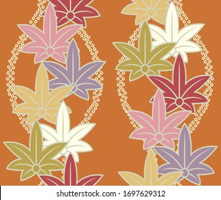 Japanese pattern.Bright bouquet pattern on orange background.Vector unique seamless asian texture.For printing on packaging, textiles, paper, manufacturing, wallpapers, scrapbooking.