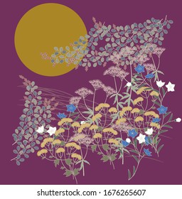 Japanese pattern.Flower field pattern swaying under the moon shadow.Vector unique asian texture.For printing on packaging, textiles, paper, manufacturing, wallpapers, scrapbooking.