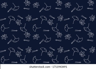 Japanese pattern.Flower and leaf pattern with dots on a dark blue background.Vector asian texture.For printing on packaging, textiles, paper, manufacturing, wallpapers, scrapbooking.