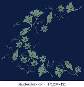 Japanese pattern.Leaf patterns and various flower shapes beautifully placed on a dark blue background..Vector asian texture.For printing on packaging, textiles, paper, manufacturing, wallpapers, scrap