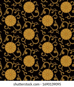 Japanese pattern.Modern gold flower pattern on a black background.Vector unique seamless asian texture.For printing on packaging, textiles, paper, manufacturing, wallpapers, scrapbooking.