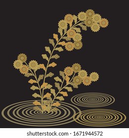 Japanese pattern.Pattern of a bouquet of flowers on a black background.Vector unique asian texture.For printing on packaging, textiles, paper, manufacturing, wallpapers, scrapbooking.