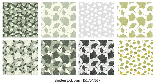 Japanese Patterns Collection with Gingko Biloba Plant Leaves. Vector Botanical, Healthy Textures Pack for Print Design and Fabric Textile, Scrapbook. Pale Sage Color and Ivory Background. Large Scale