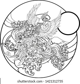 Japanese peacock tattoo.Asian Phoenix fire bird tattoo design.Colorful Phoenix fire bird colouring book illustration.Hand drawn Japanese tattoo style.
