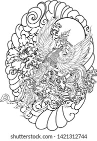 Japanese peacock tattoo.Asian Phoenix fire bird tattoo design.Colorful Phoenix fire bird colouring book illustration.Hand drawn Japanese tattoo style.
