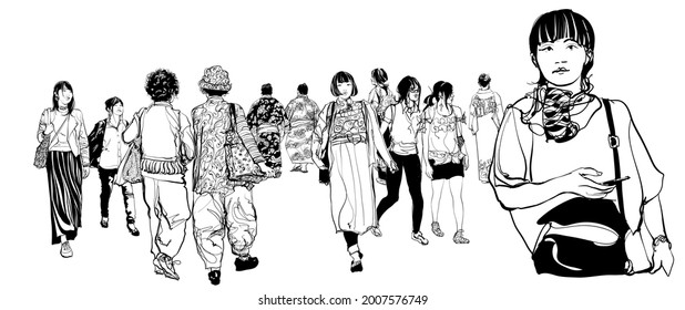 Japanese people walking in a street - different way of dressing between tradition and modern - vector illustration 