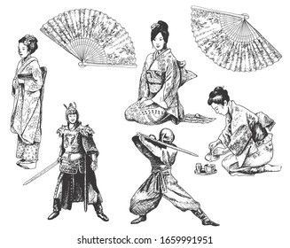 Japanese People Wearing National Costumes and Kimono Vector Illustration. Hand Drawn Asia Concept