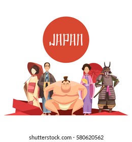 Japanese persons retro cartoon design with man and women in national clothing samurai sumo wrestler vector illustration