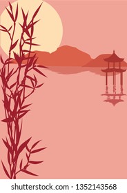 Japanese picture with mountain and pagoda