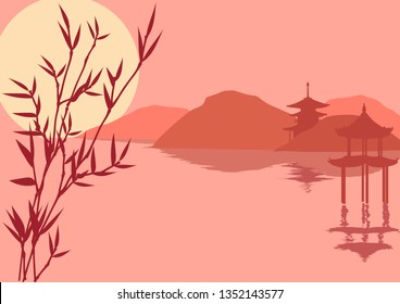 Japanese picture with mountain and pagoda