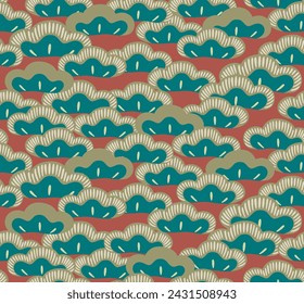 Japanese Pine Leaf Bush Motif Vector Seamless Pattern