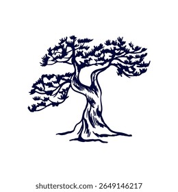 Japanese pine. Silhouette of traditional oriental bonsai tree in graphic black and white style. Hand drawn vector illustration. For tourist postcards, invitations, banners, posters, booklets.
