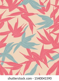 Japanese Pink and Blue Bamboo Leaf Seamless Pattern