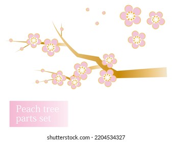 Japanese plants. Peach tree with peach blossoms in full bloom. Stylish illustration in Japanese style. Parts Set. Vector. 