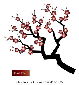 Japanese plants. Plum tree with blooming plum blossoms. Stylish illustration in Japanese style. Vector. 