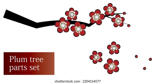 Japanese plants. Plum tree with blooming plum blossoms. Stylish illustration in Japanese style. Parts Set. Vector. 