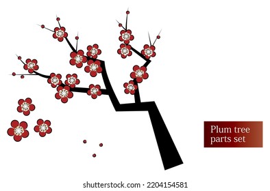 Japanese plants. Plum tree with blooming plum blossoms. Stylish illustration in Japanese style. Parts Set. Vector. 