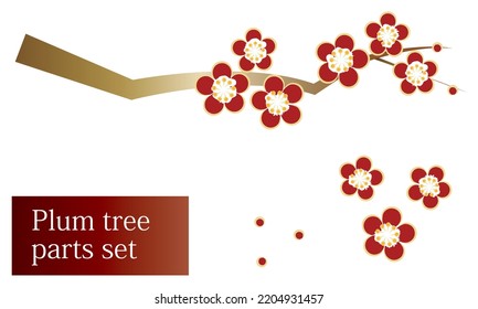 Japanese plants. Plum tree with blooming plum blossoms. Stylish illustration in Japanese style. Parts Set. Vector.