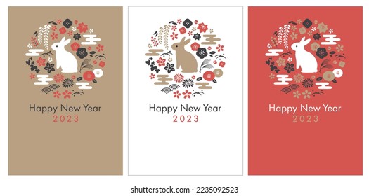 Japanese plants and rabbit 3 colors new years card template