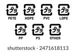 Japanese plastic recycling code icon set 01-07. Set of Japanese plastic recycling code symbol icons PETE, HDPE, PVC, LDPE, PP, PS, OTHER. Japan plastic recycle marks 1-7 isolated on white background.