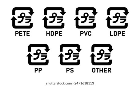 Japanese plastic recycling code icon set 01-07. Set of Japanese plastic recycling code symbol icons PETE, HDPE, PVC, LDPE, PP, PS, OTHER. Japan plastic recycle marks 1-7 isolated on white background.