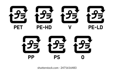 Japanese plastic recycling codes 1-7. Set of  Japanese plastic recycling code symbol icons PET, PE-HD, V, PE-LD, PP, PS, O. Japan plastic recycle mark icon set 01-07 isolated on white background.