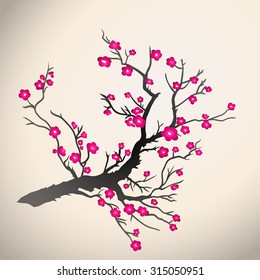 Japanese plum blossom on a beige background. Vector illustration