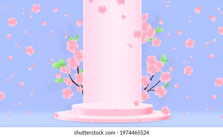 Japanese podium 3d with sakura, vector illustration. Japanese pink platform with flowers, sale stage for product concept. Blue background with pink valentine stand, abstract advertising banner.
