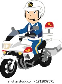 Japanese police man and white police motorbike.