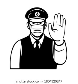 Japanese Policeman or Police Officer Wearing Face Mask Showing Stop Hand Signal Black and White Cartoon 