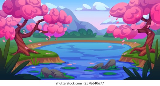 Japanese pond landscape with blooming sakura trees, falling pink petals over blue water surface. Peaceful scenery with lily pads, grey stones, distant rocky mountains and asian traditional trees.