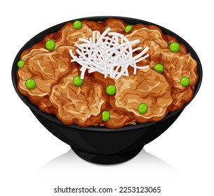 Japanese pork donburi recipe (Butadon) illustration vector. Butadon rice bowl grilled pork slices with caramelized soy sauce and green peas.