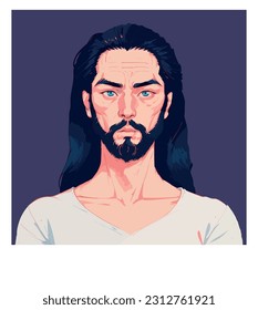 Japanese portrait with beard and long hair. Asian man avatar. Vector illustration in hand drawn style.