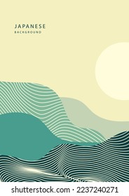 Fondo japonés de afiches con el vector del patrón de onda de línea y el sol. Plantilla abstracta con patrón geométrico. Diseño de montaña de estilo oriental.