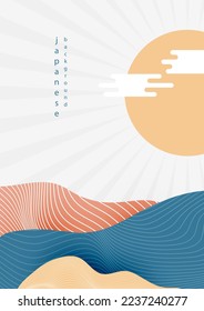 Japanese poster background with line wave pattern vector and sun. Abstract template with geometric pattern. Mountain layout design in oriental style.
