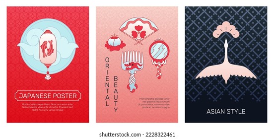 Japanese posters. Abstract banners with traditional oriental ornaments. Sky clouds. Paper lantern. Sun and Moon design. Swan bird. Fan accessory. Mirror and comb. Vector covers set