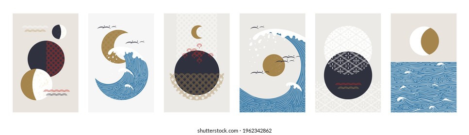 Japanese posters. Minimal traditional Asian banners. Abstract seascapes. Nature panoramas. Ocean waves and moon or sun in sky. Contour and ornament textures. Vector oriental flyer set