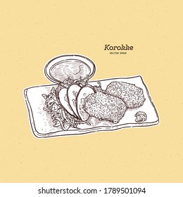 Japanese Potato Croquettes, or “Korokke” as they are called in Japanese, is a delicious fried food made from panko-crumbed mashed potato with carrot, onion, and mince. Hand draw sketch vector.