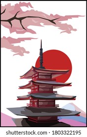 a japanese potrait vector illustration with pagoda and sakura flower, good for wallpaper and wall decoration