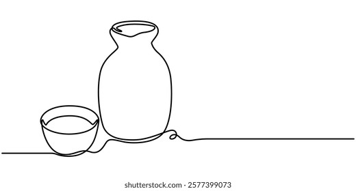 Japanese pottery vessels continuous one line drawing, Old engraved illustration of Ancient Greek vase, Pottery of ancient Greece, Still Life, Sake Icon on Transparent Background, Sake Drink Icon Flat.