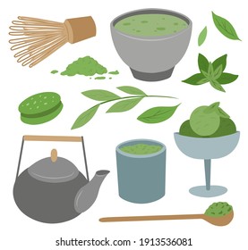 Japanese powdered green tea matcha set. Food additive for ice cream, cookies. Green leaves, various cups, whisk and spoon. Vector flat set for menus, recipes, banners and your creativity.