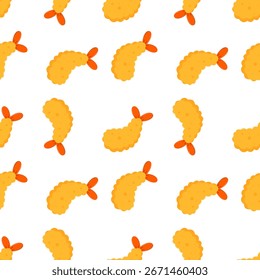 Patrón sin fisuras de tempura de gambas japonesas. Linda ilustración de bocadillo de camarones de dibujos animados. Diseño crujiente del fondo del doodle del marisco