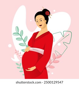 Japanese pregnant woman in red kimono tenderly holds her belly on pink floral background