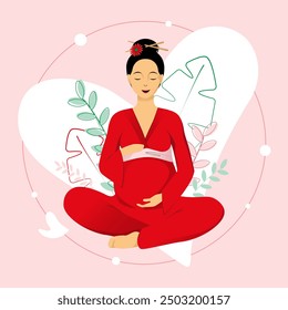 Japanese pregnant woman in red kimono in lotus pose tenderly holds her belly on pink floral background