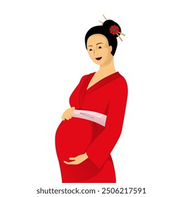 Japanese pregnant woman in red kimono tenderly holds her belly with a happy smile