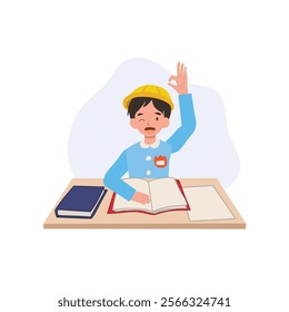 japanese preschool boy in kindergarten uniform raising hand showing ok gesture in classroom