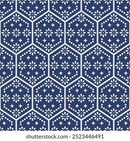 Japanese Pretty Dot Flower Hexagon Vector Seamless Pattern
