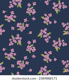 Japanese Pretty Flower Leaf Fall Vector Seamless Pattern