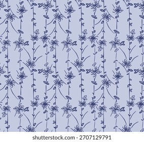 Japanese Pretty Flower Line Vector Seamless Pattern